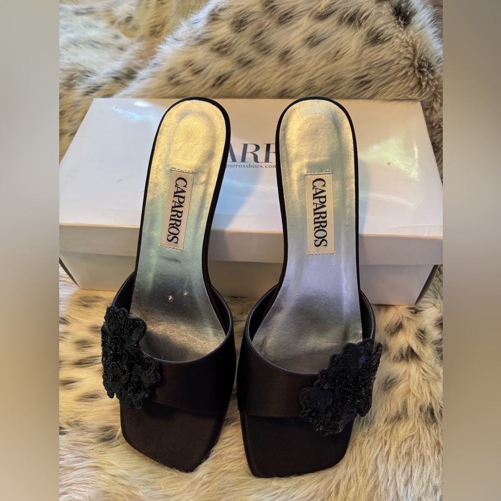 Caparros Black Satin Slide Mules with Floral Appliqué